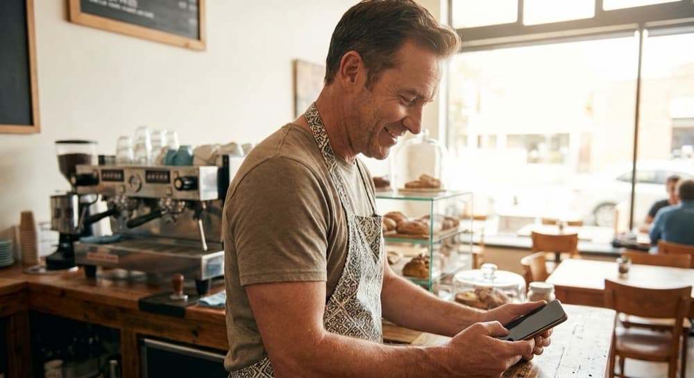 A café owner reviewing ShopMetrics on his phone during morning service.