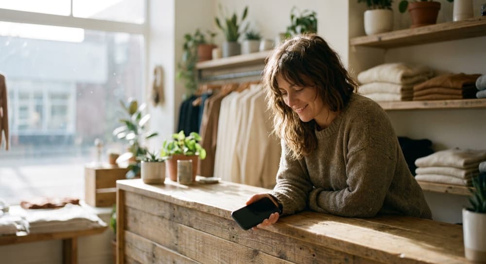 A boutique retail owner checking ShopMetrics on her phone behind the counter.