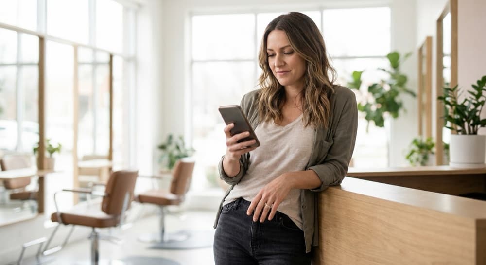 A salon owner checking ShopMetrics on her phone at the front desk.